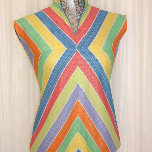 Vintage Tops - 1970s Vintage Size XS/S Handmade Rainbow Stripe Sleeveless Top V Neckline Blouse